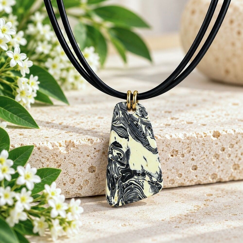 Handmade Ivory & Black Marbled Polymer Clay Organic Statement Pendant Necklace